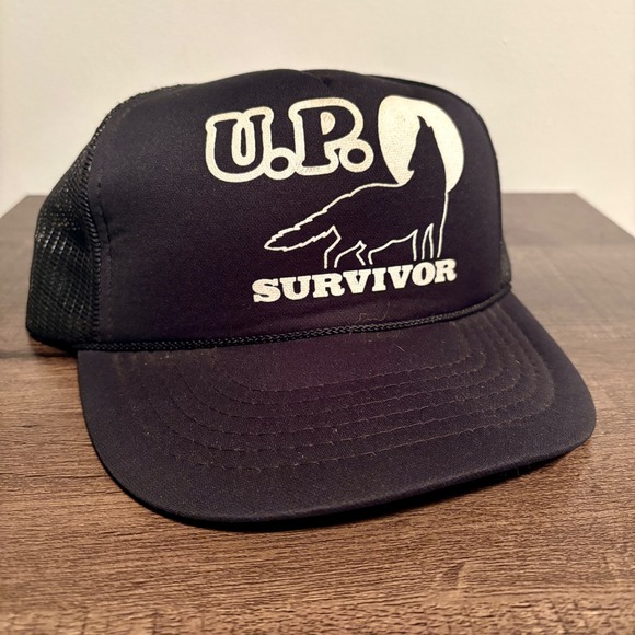Vintage U.P. Survivor Trucker Hat Wolf Graphic Black Snapback Mesh Cap - Picture 1 of 4